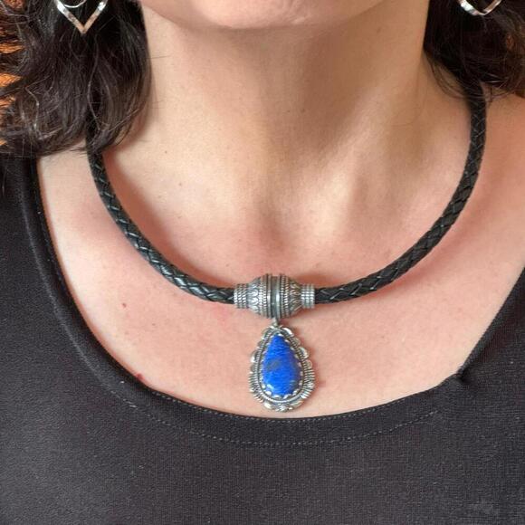 Carolyn Pollack Black Braided Leather Necklace with Teardrop Denim Lapis Pendant - Picture 2 of 10